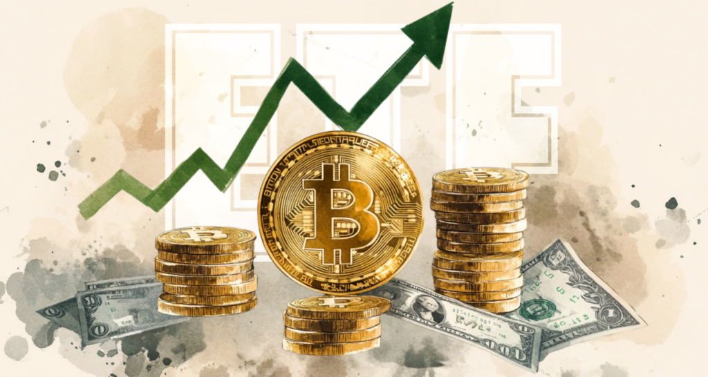 Illustration of stacked Bitcoin coins, US dollar bills, and a green upward market trend arrow, symbolizing the impact of Bitcoin ETFs on cryptocurrency markets. - The Coinomist