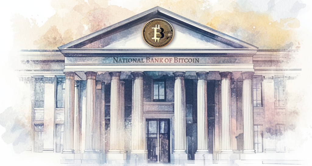 Artistic illustration of a classical bank building labeled 'National Bank of Bitcoin,' symbolizing nation-state adoption of Bitcoin in the evolving financial system. - The Coinomist