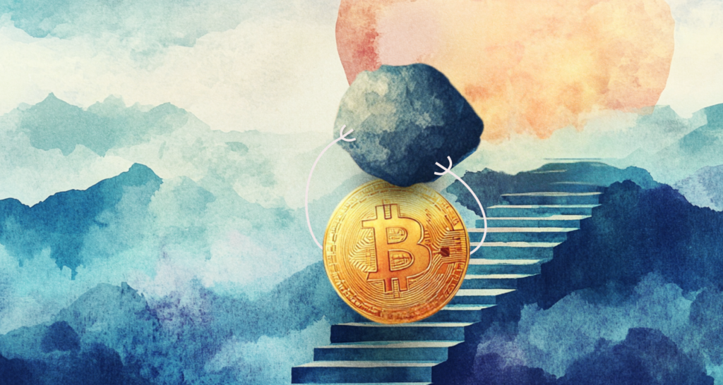 Abstract artwork of a golden Bitcoin coin being pushed up stairs by a boulder, set against a watercolor-style sky and mountain background.