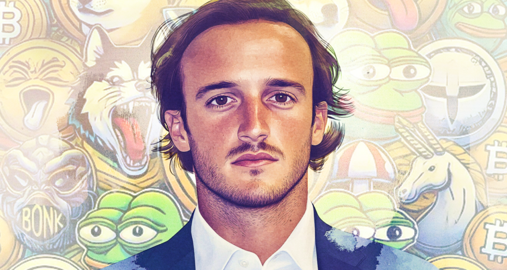 Portrait of a Fiorenzo Manganiello with a vibrant background of memecoin symbols, including Pepe and cryptocurrency icons - The Coinomist