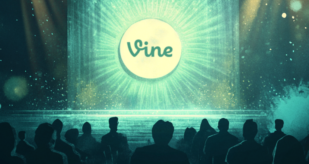 Silhouettes of an audience in front of a vibrant stage featuring the VINE logo illuminated in glowing green light - The Coinomist