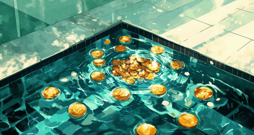Bitcoin coins floating in a serene pool, symbolizing the liquidity pools concept in decentralized finance - The Coinomist