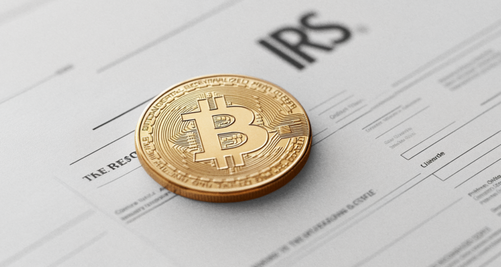 Close-up of a Bitcoin coin placed on an IRS tax document, symbolizing the new cryptocurrency tax regulations in the United States.