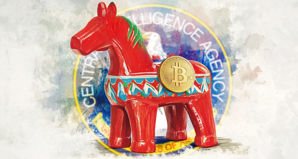 Red Dala horse with a Bitcoin symbol, positioned in front of the CIA logo, symbolizing conspiracy theories around Bitcoin's origins. - The Coinomist