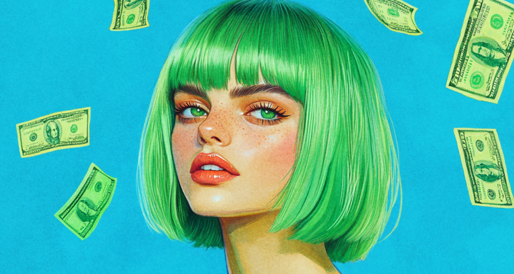Stylized portrait of a woman with vibrant green hair surrounded by floating dollar bills, symbolizing the interplay between AI and financial manipulation - The Coinomist