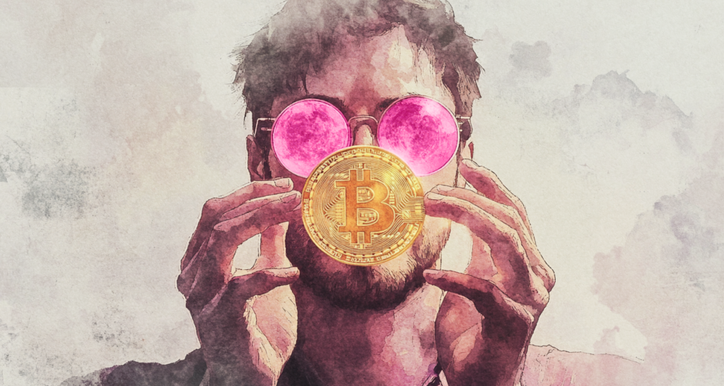 Artistic depiction of a person with pink sunglasses holding a Bitcoin coin in front of their face, symbolizing the influence of crypto culture and toxic positivity - The Coinomist