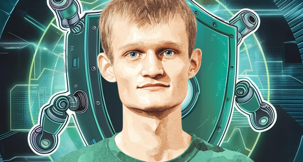 An illustrated portrait of Vitalik Buterin with a futuristic digital shield and robotic arms in the background, symbolizing security and innovation in blockchain technology - The Coinomist