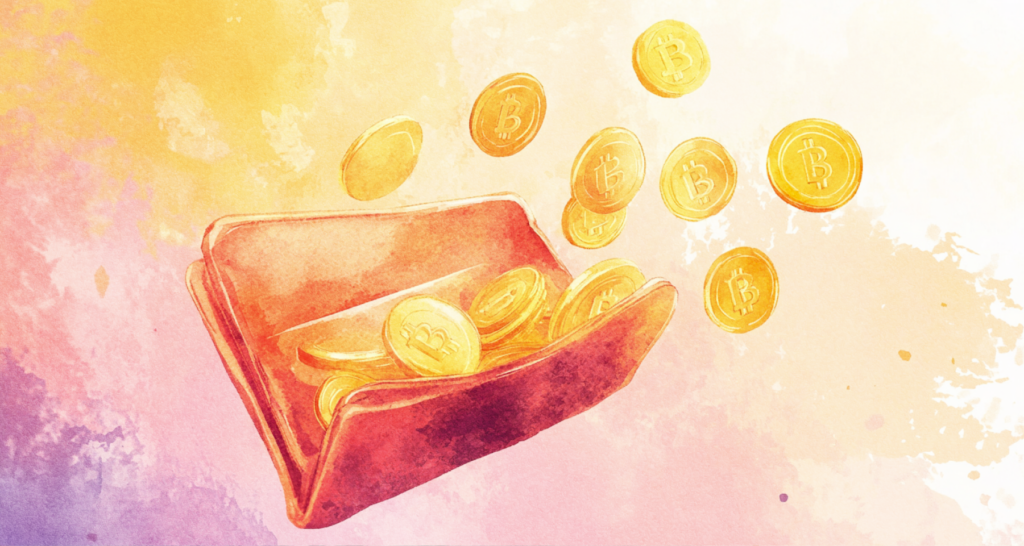 Illustration of a wallet with Bitcoin coins spilling out, representing methods of earning cryptocurrency without initial investment.