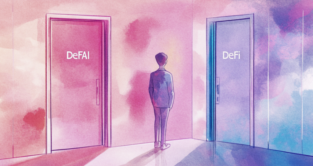 Illustration of a person standing between two doors labeled 'DeFAI' and 'DeFi,' symbolizing a decision between decentralized finance and a new financial approach - The Coinomist