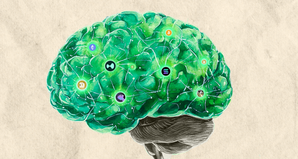 Artistic illustration of a human brain with cryptocurrency icons like Bitcoin, Ethereum, and Solana interconnected, representing crypto mindshare and AI influence.