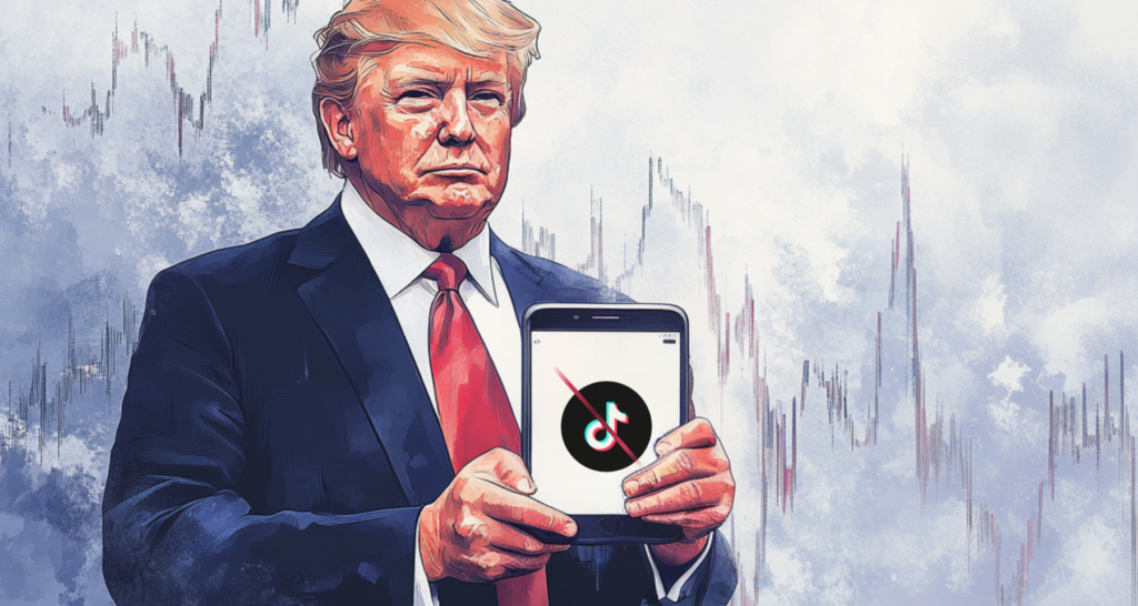Stylized illustration of Donald Trump holding a phone with a crossed-out TikTok logo, against a background of market trend lines, symbolizing the connection between TikTok bans and cryptocurrency discussions - The Coinomist