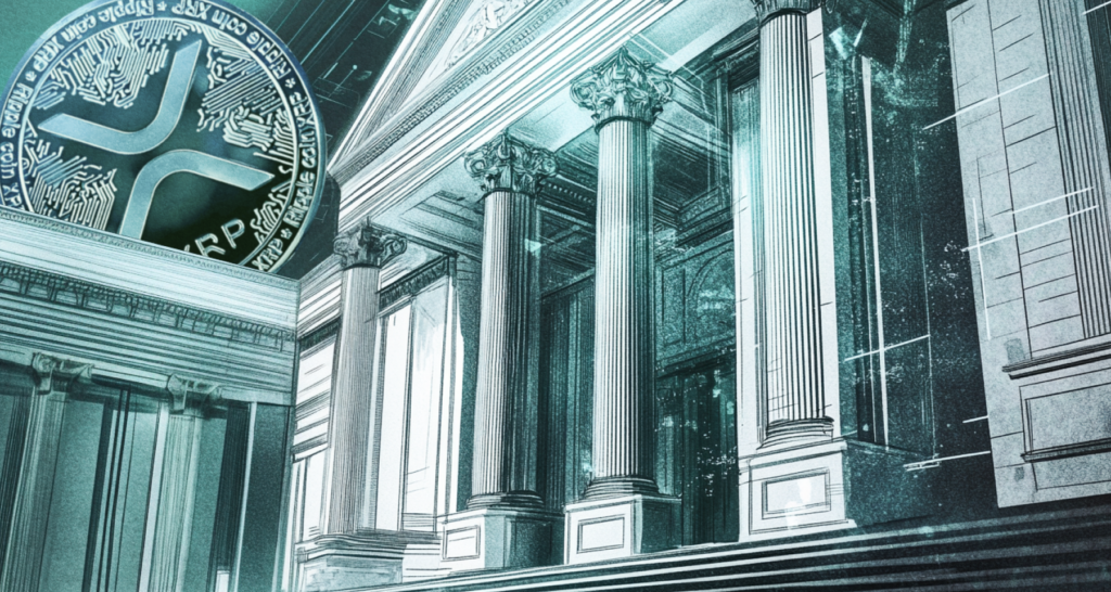 Futuristic illustration of a neoclassical bank facade with an XRP coin prominently displayed, symbolizing the collaboration between banks and Ripple - The Coinomist