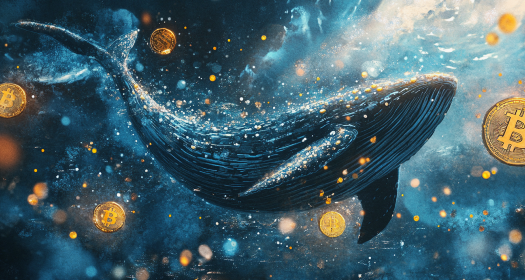 An artistic depiction of a massive whale surrounded by glowing Bitcoin symbols, symbolizing significant holders in the cryptocurrency market - The Coinomist