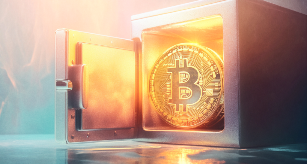Bitcoin stored in a glowing secure safe, representing cryptocurrency asset protection - The Coinomist
