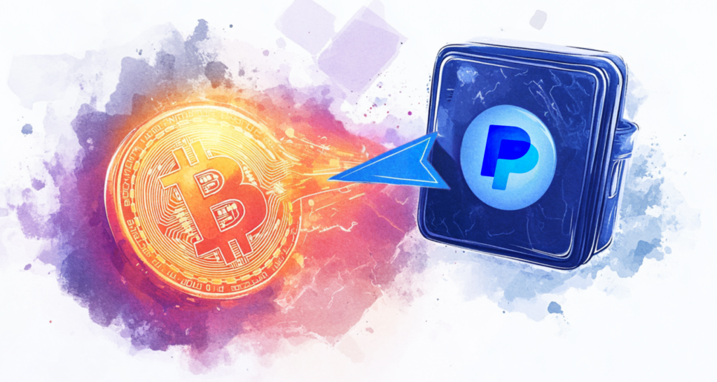 Illustration of Bitcoin transferring to PayPal, with vibrant colors symbolizing the digital currency process. - The Coinomist