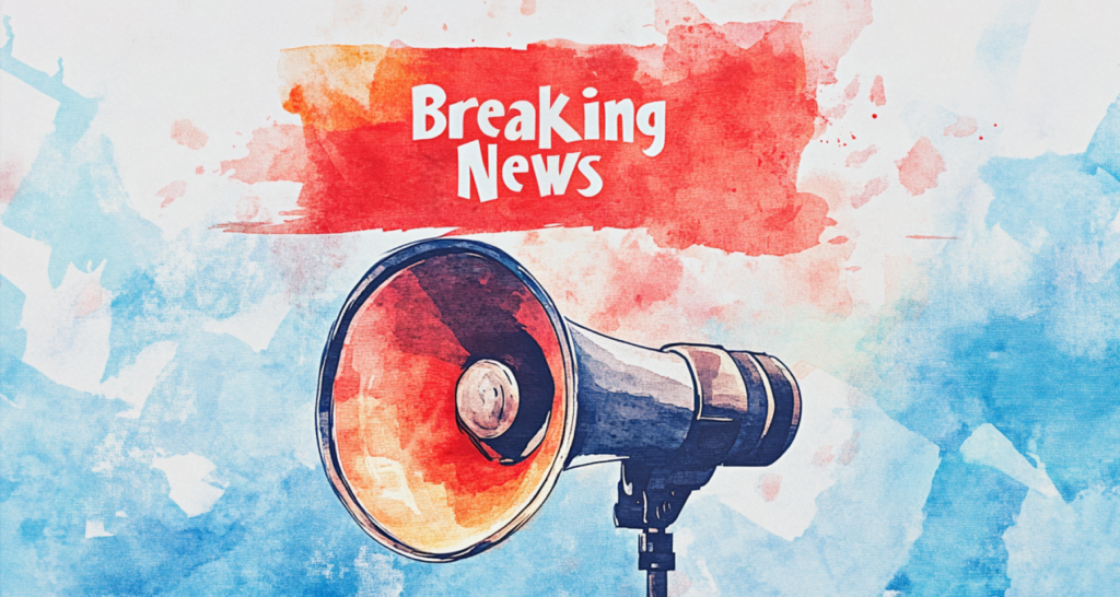 Watercolor-style illustration of a megaphone with the words 'Breaking News' displayed on a red splash against a blue and white abstract background.