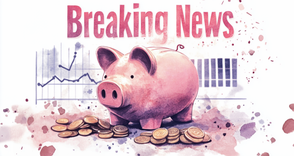 Illustration of a pink piggy bank with scattered coins and a financial graph in the background, symbolizing economic updates and savings trends.