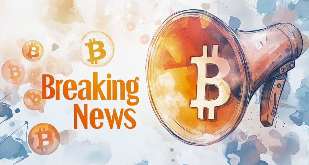 Breaking news graphic featuring a megaphone surrounded by scattered Bitcoin coins on a vibrant background - The Coinomist