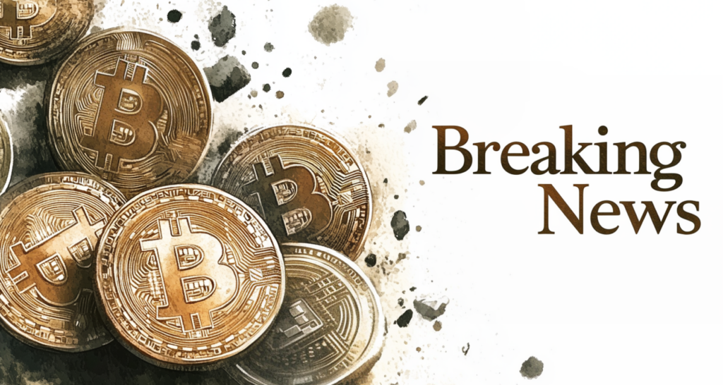 Artistic depiction of Bitcoin coins with a splatter effect on the left, accompanied by the text 'Breaking News' in bold on a clean white background.