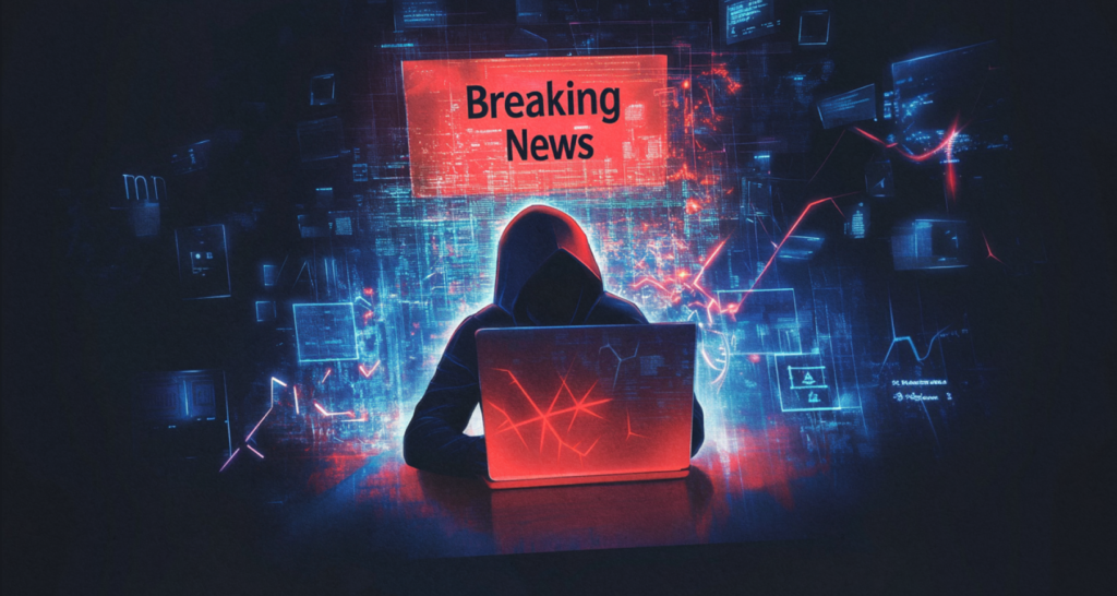 A hooded figure working on a glowing red laptop with the words “Breaking News” displayed above in a cyber-themed background - The Coinomist