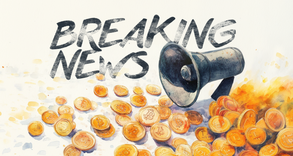 Breaking news graphic featuring a megaphone surrounded by scattered Bitcoin coins on a vibrant background - The Coinomist