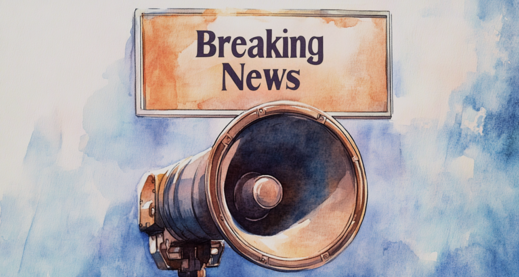 Watercolor-style illustration of a megaphone with a 'Breaking News' sign above it, set against a soft blue and orange abstract background - The Coinomist