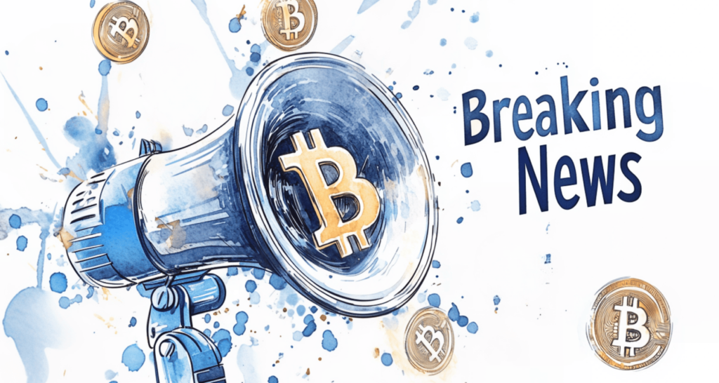 A stylized megaphone with a Bitcoin symbol, surrounded by coins and splashes of blue, conveying breaking news about cryptocurrency - The Coinomist