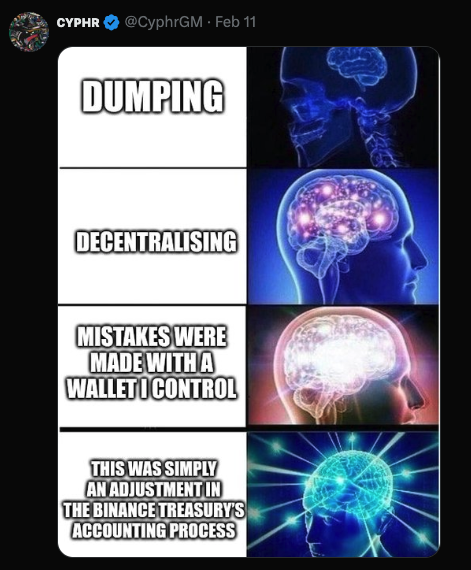 A brain expansion meme humorously critiques the evolving justifications for crypto transactions, including Binance’s asset movements - The Coinomist