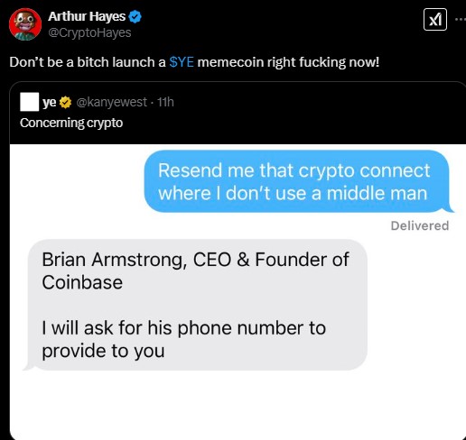 A screenshot of a tweet from Arthur Hayes (@CryptoHayes) with bold white text on a dark background - The Coinomist
