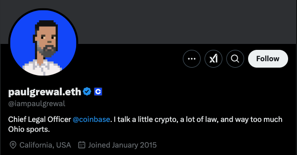 X profile of Paul Grewal featuring a pixel-art avatar, verified checkmark, and Coinbase badge - The Coinomist