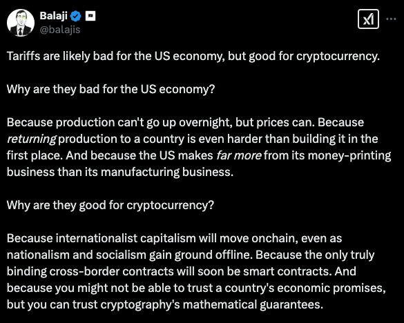 Screenshot of a tweet from Balaji (@balajis) saying 'Tariffs are likely bad for the US economy, but good for cryptocurrency.' - The Coinomist
