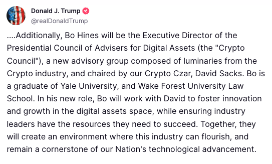 A post from Donald J. Trump announcing Bo Hines as the Executive Director of the Presidential Council of Advisers for Digital Assets - The Coinomist