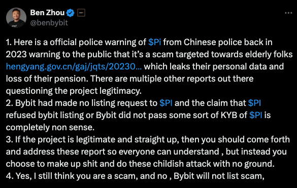 Screenshot of Ben Zhou’s post on X, questioning the legitimacy of Pi Network - The Coinomist