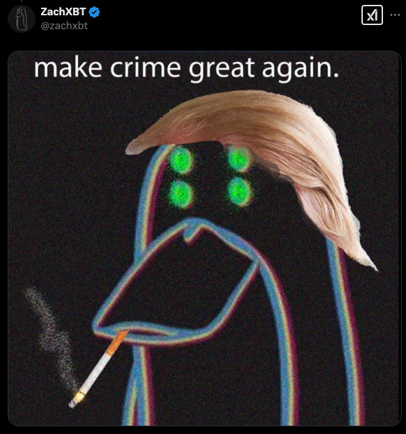 A satirical meme by ZachXBT featuring a neon-outlined penguin with Trump-like hair, critiquing the TRUMP memecoin - The Coinomist