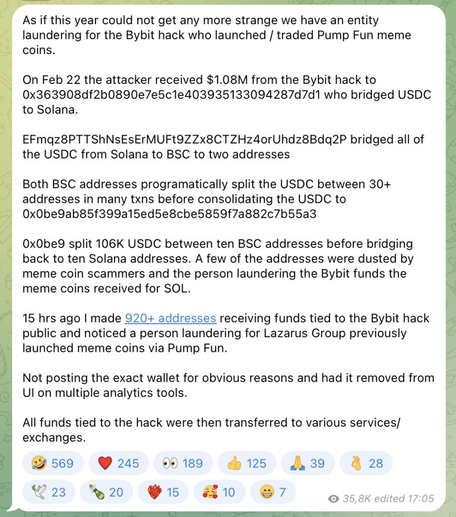 A Telegram post by blockchain investigator ZachXBT detailing the laundering process of ByBit hack funds - The Coinomist