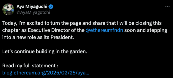 Screenshot of a tweet from Aya Miyaguchi announcing her new role as EF President. - The Coinomist
