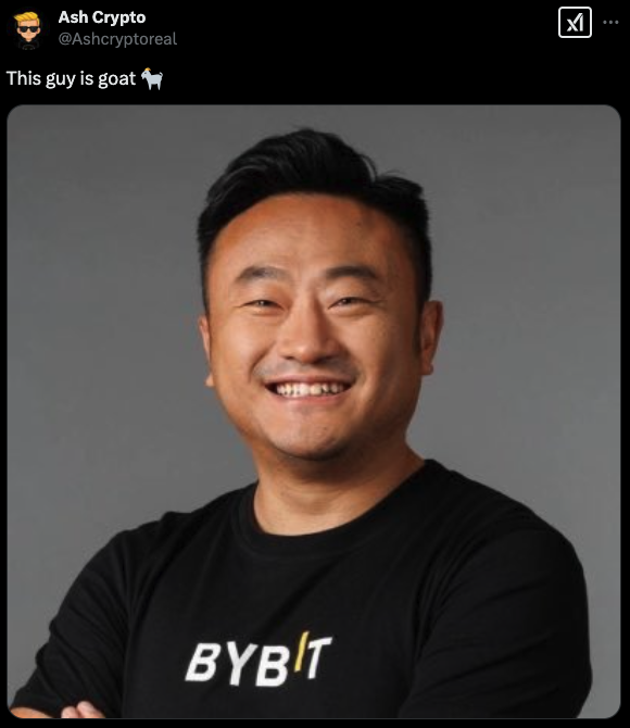 Screenshot of Ash Crypto’s X post, where he calls Bybit CEO Ben Zhou a 'goat' - The Coinomist
