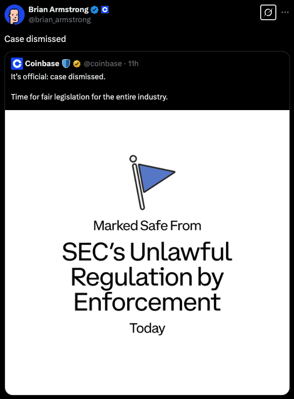 Screenshot of a tweet from Brian Armstrong (@brian_armstrong) sharing the SEC’s statement on memecoins. – The Coinomist.