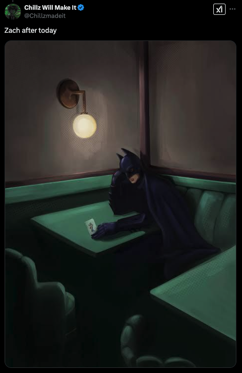 A tweet from Chillz Will Make It featuring an illustration of Batman sitting alone in a dimly lit diner, referencing ZachXBT - The Coinomist
