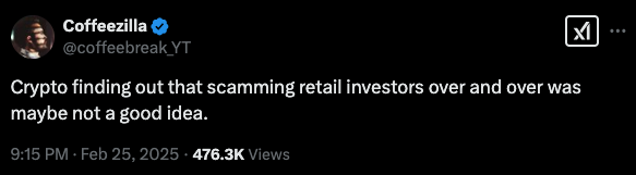 Screenshot of a tweet from Coffeezilla linking the crypto market decline to scams. - The Coinomist