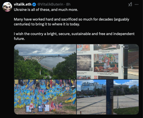 Screenshot of a tweet by Vitalik Buterin about Ukraine with four images - The Coinomist