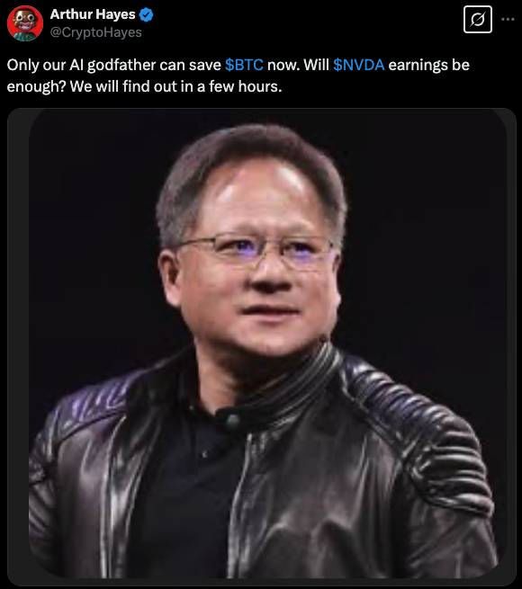Tweet from Arthur Hayes (@CryptoHayes) with an attached image of Nvidia CEO Jensen Huang - The Coinomist