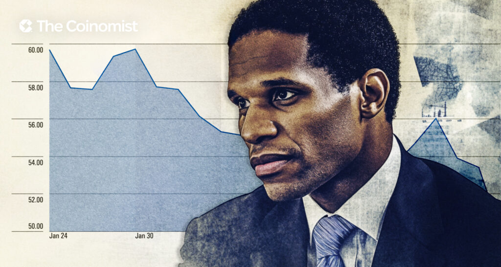 Arthur Hayes with a thoughtful expression and a declining chart in the background showing the Bitcoin ETF drop - The Coinomist