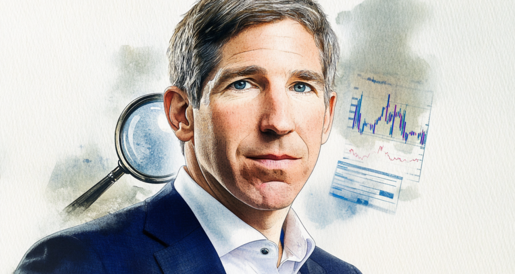 Matt Hougan featured, and a magnifying glass in the background zooming in on price charts - The Coinomist