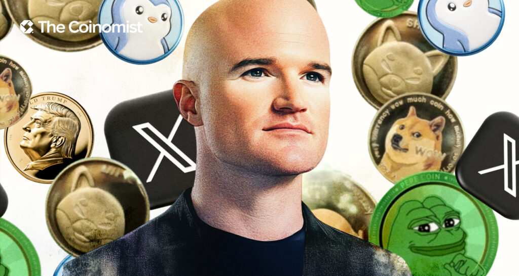 Brian Armstrong with popular memecoins like DOGE, Pepe, SHIB, Pengu, and TRUMP, along with the X logo, in the background - The Coinomist