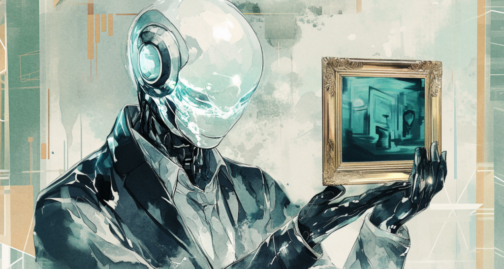 Futuristic AI robot in a suit holding a framed digital painting, symbolizing the rise of AI and blockchain in the art market, NFT trading, and the digital transformation of creative industries - The Coinomist