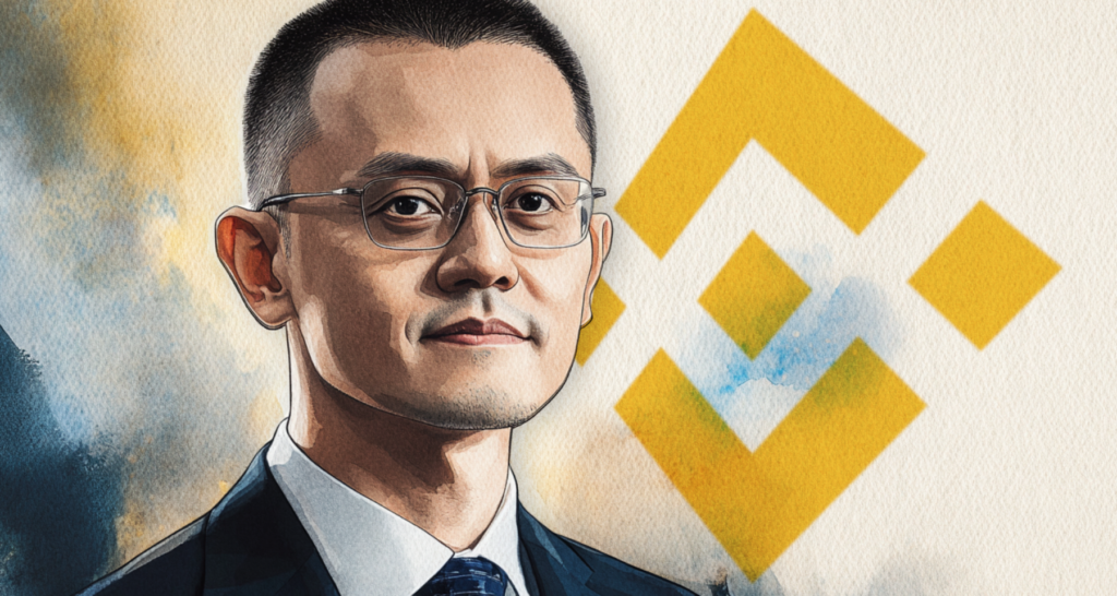 Changpeng Zhao with Binance logo - The Coinomist