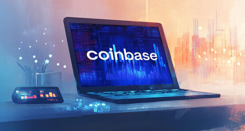 Coinbase-branded screen with trading candles - The Coinomist