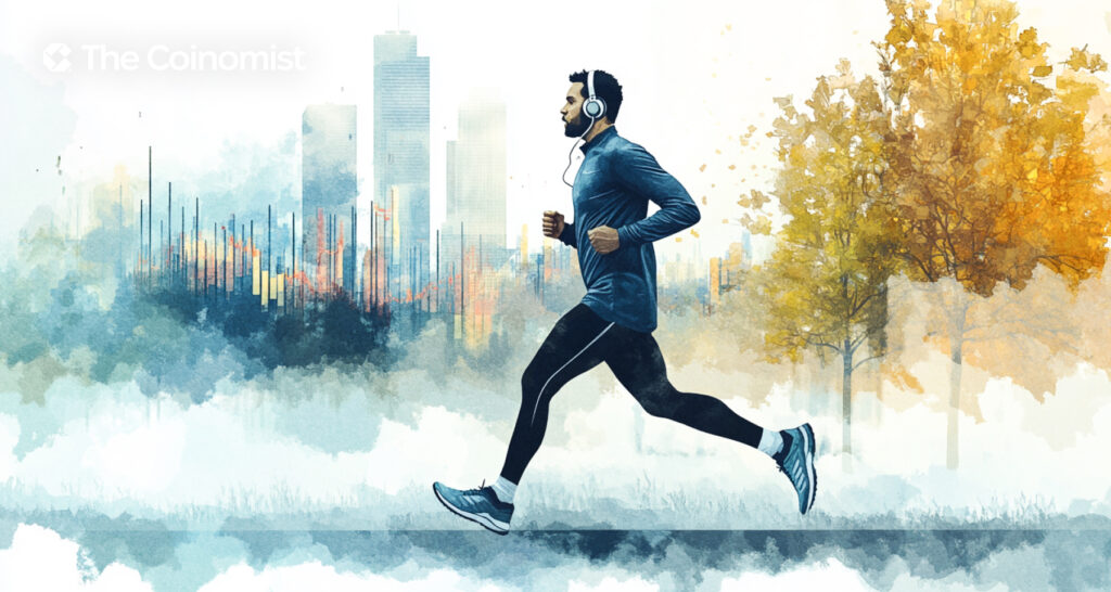 a man with headphones on during his morning jog. He runs to a beautiful park - The Coinomist