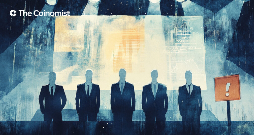 faceless individuals in suits on stage, with a coin investment promo on the screen and a warning sign highlighting the risks - The Coinomist